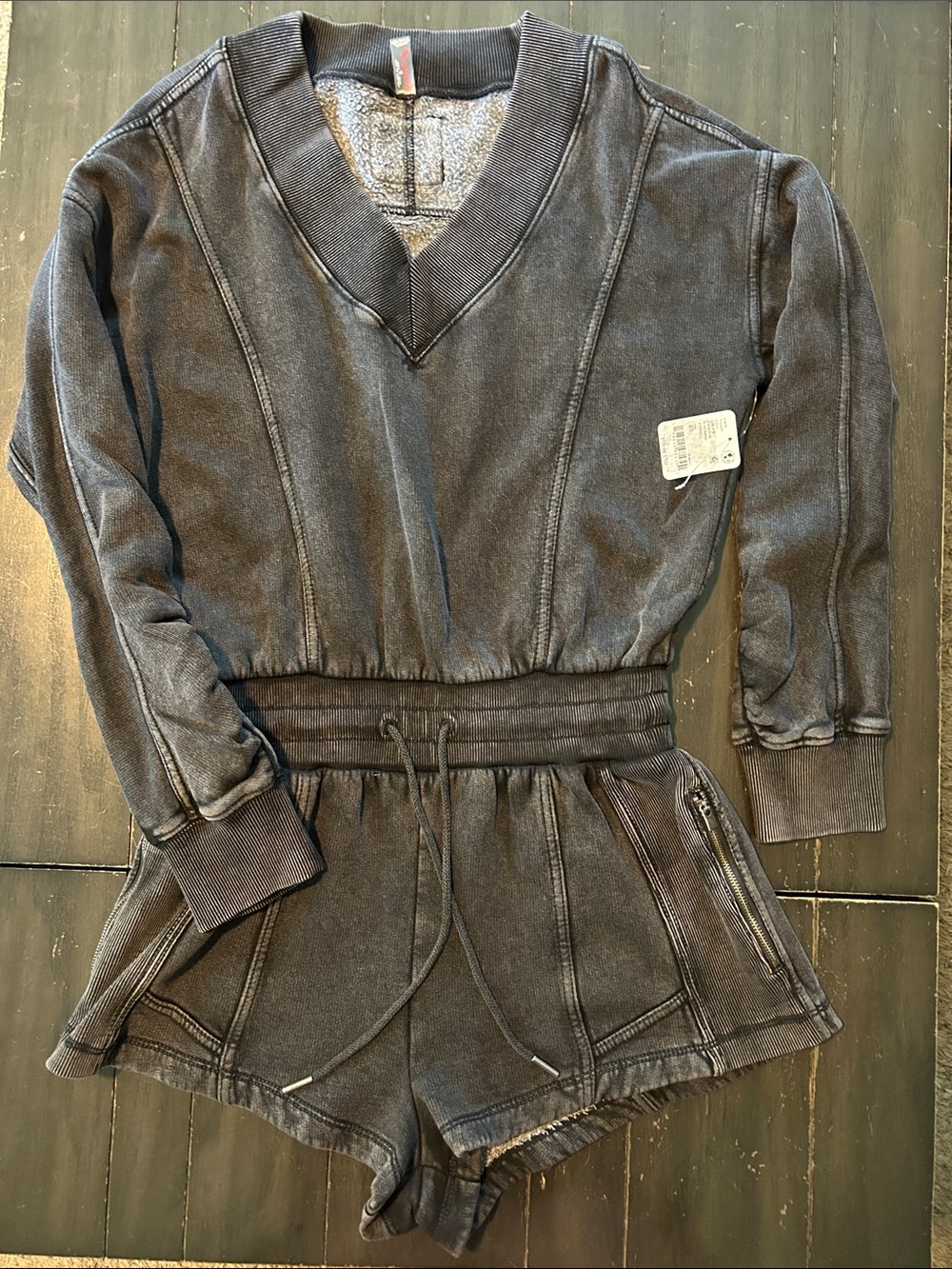 Free People Washed Black V-Neck Drawstring Romper